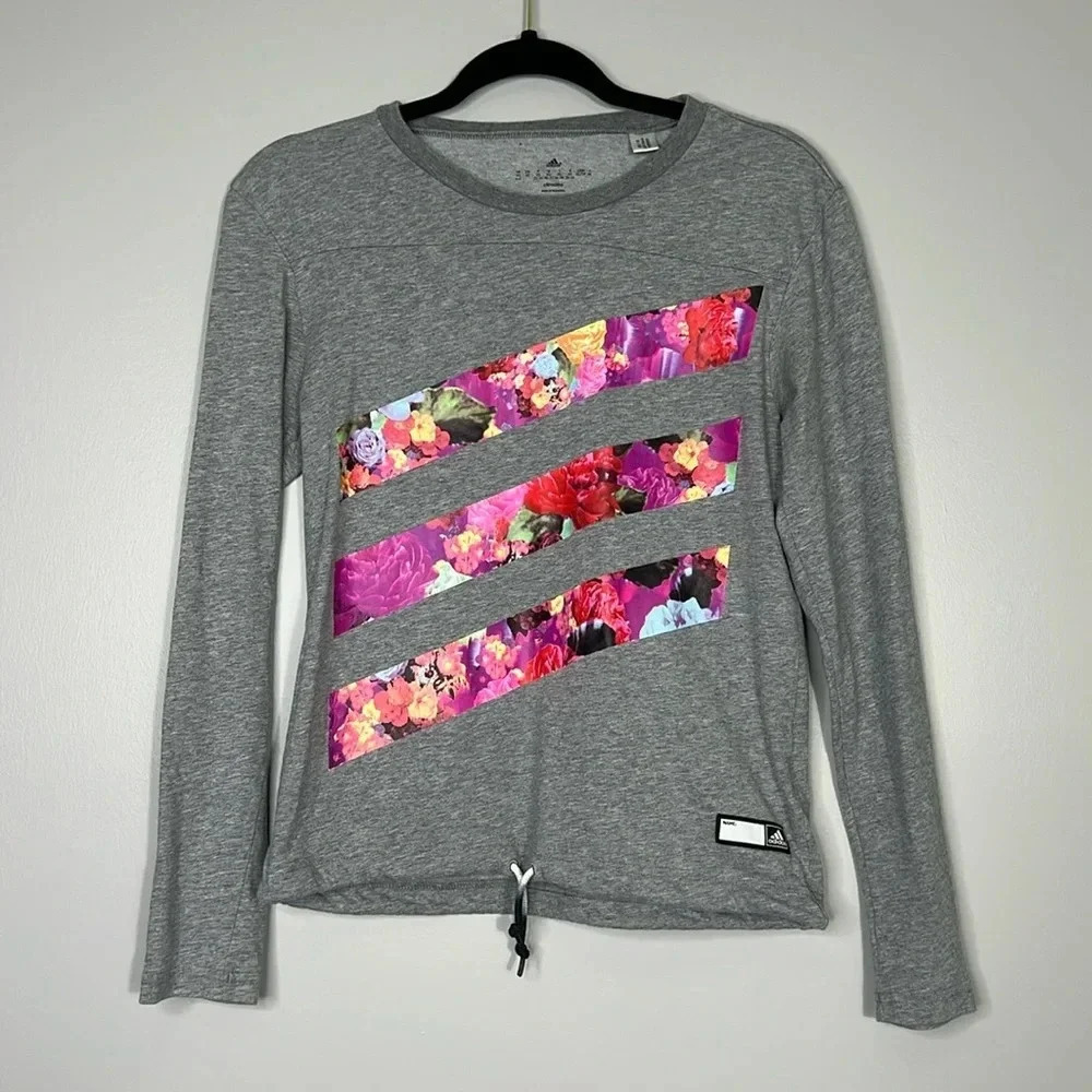 Adidas Vintage Grey Long Sleeve Pullover with Floral Logo Print -Size XS